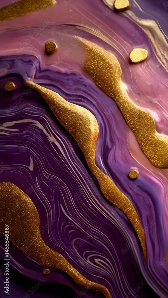 Poster abstract purple and pink swirl background with glittering golden elements, flowing design in waves, 
