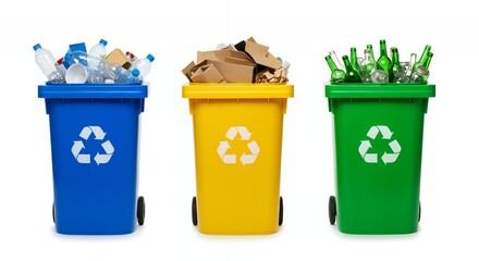 Three Differently Colored Recycling Bins Filled with Plastic Cardboard and Glass Bottles on White Background for Waste Sorting Management and Sustainable Lifestyle Concept Earth Day