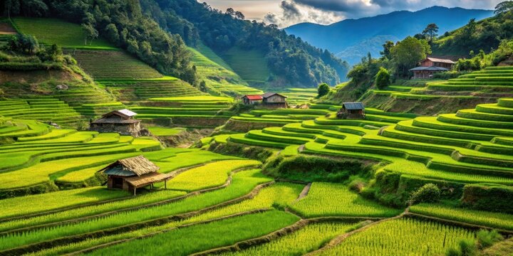Traditional Naga Village Scene with Rice Fields , nature, green fields,  nature, green fields, rural life