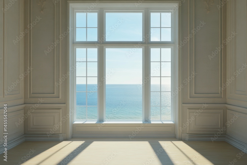 Poster bright ocean view through large window in elegant room with natural light and classic design