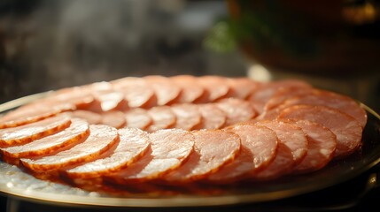 Slices of cooked meat arranged on a metal platter.