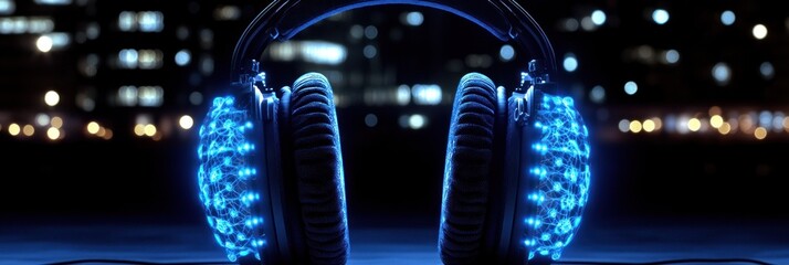 Headphones with glowing blue lights on city night