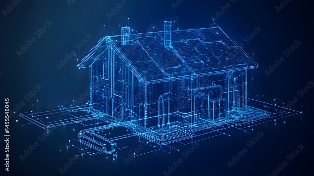 Poster Futuristic glowing wireframe home. A technologically advanced digital house model connected to a network. Abstract Digital low-poly wireframe connected dots in dark blue.