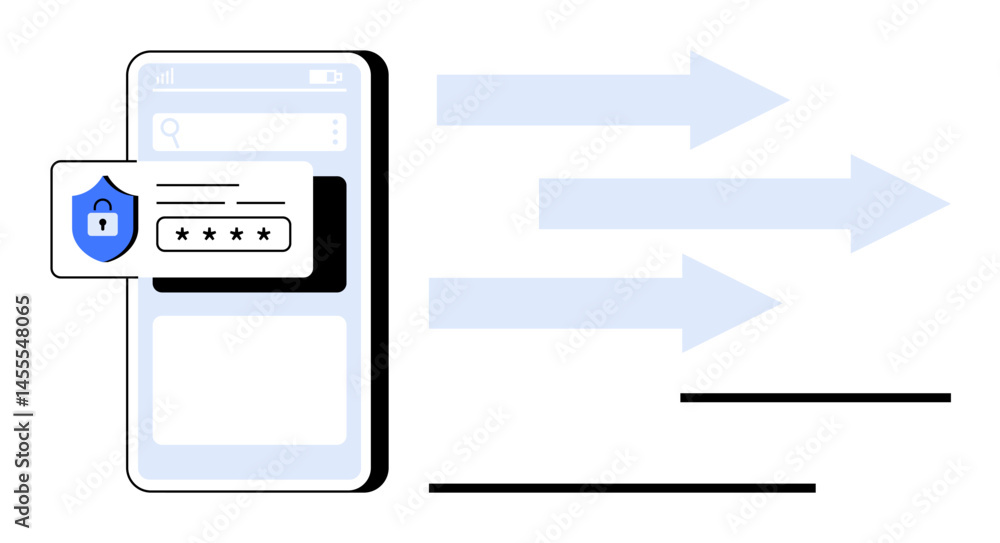 Poster smartphone screen displaying password-protected login with security shield icon, accompanied by arro