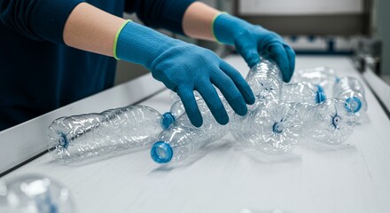 Gloved Hands Sorting Clear Plastic Bottles on White Conveyor Belt Emphasizing Recycling and Environmental Stewardship