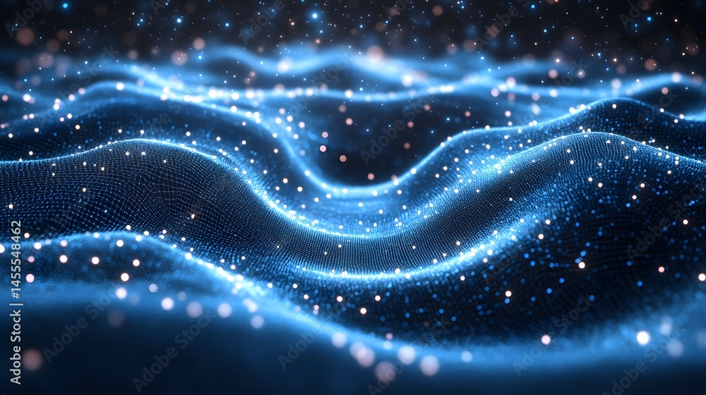 Aufkleber Futuristic landscape of data or energy fields with illuminated spheres and cosmic background. Abstract Digital low-poly wireframe connected dots in dark blue.