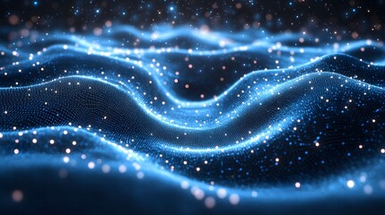 Fototapeta premium Futuristic landscape of data or energy fields with illuminated spheres and cosmic background. Abstract Digital low-poly wireframe connected dots in dark blue.