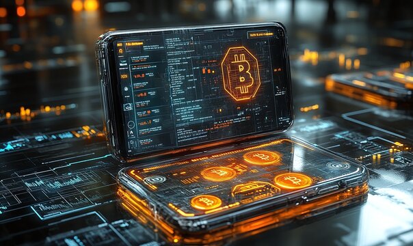 Futuristic mobile phone displaying cryptocurrency symbols on a circuit board.