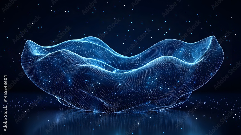 Poster luminous blue cradle amidst glowing particles, mirrored on a dark surface. abstract digital low-poly