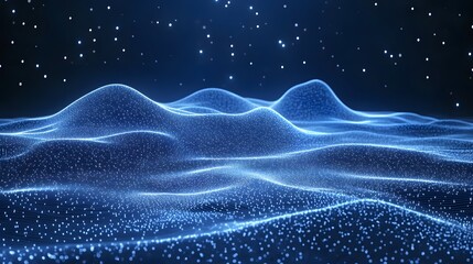 Abstract blue network landscape with glowing stars in the background. Represents connectivity and technology. Abstract Digital low-poly wireframe connected dots in dark blue.