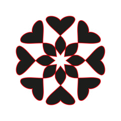 Heart pattern illustration. Floral symmetry design. Black red contrast. Vector love symbol.