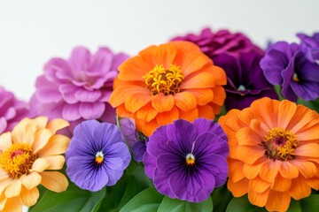 Vibrant bouquet of zinnia and pansy flowers.
