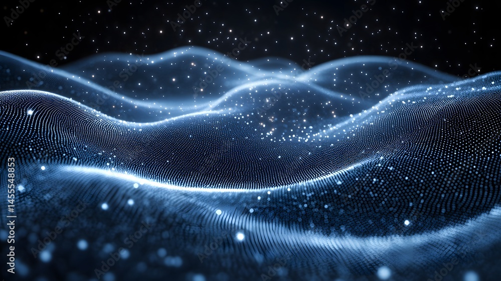 Poster Abstract blue dot landscape with shimmering hills, valleys, and starlike particles. A sense of vastness and illumination. Abstract Digital low-poly wireframe connected dots in dark blue