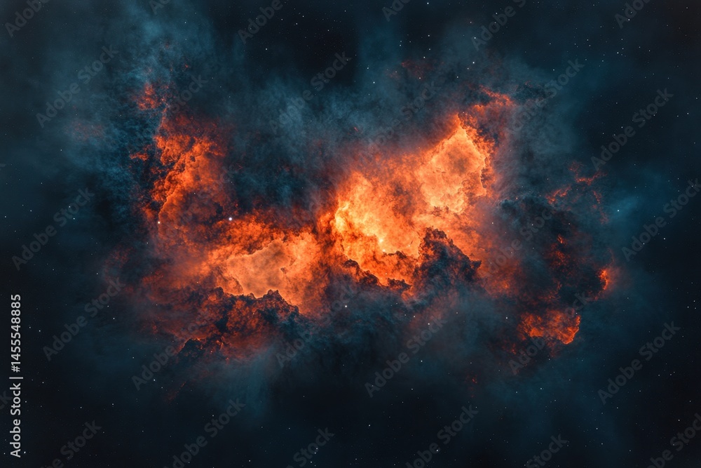 Poster fiery nebula in deep space with glowing clouds and distant stars in the darkness of the universe