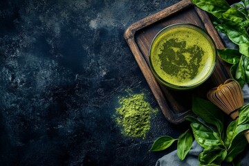 Photo of Green tea in tea cups, a teapot and dried green tea leaves are placed next to it , Generative AI