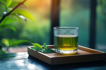 Photo of A cup of hot tea with dried and fresh tea leaves placed next to it, with a tea plantation in the background  , Generative AI