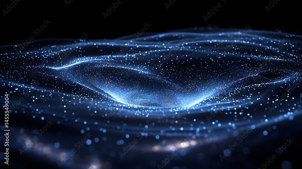 Poster abstract digital landscape in shades of blue, featuring topographical surface and glowing particles 