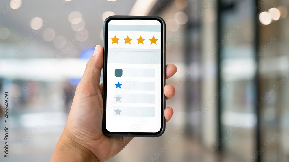 Poster star rating system, a hand holding a smartphone displaying a five-star rating system, suggesting use