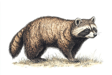 Fototapeta premium Illustration of a raccoon walking through grass, showcasing its distinctive features and texture of fur in a natural setting Generative AI