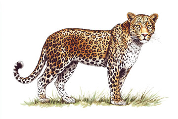 Naklejka premium Leopard standing gracefully in a green grass setting, showcasing distinctive coat patterns and alert expression in a nature illustration Generative AI