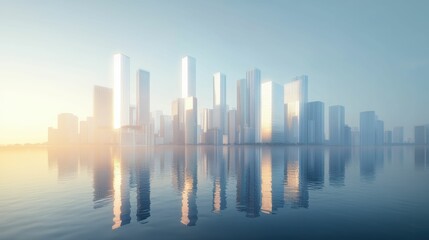 Obraz premium Modern City Skylines Lit by Golden Sunlight and Motion Effects, Merging Architectural Grandeur with Futuristic Reflections and Vibrant Urban Energy.