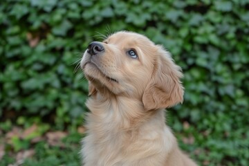 Adorable golden retriever puppy looking up with soft fur and expressive eyes, capturing innocence, curiosity, and unconditional love in a natural outdoor setting