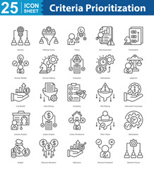 Fototapeta premium Criteria Prioritization icon sheet vector decision, filtering process, choice, risk assessment, prioritization, decision models, decision making, evaluation, optimization, judgment, cost benefit, data