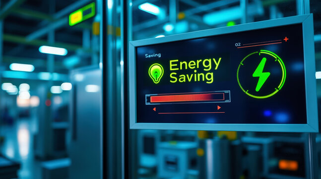 A digital display shows "Energy Saving" with a green light bulb and lightning bolt icon, indicating a focus on energy efficiency in a technological environment.