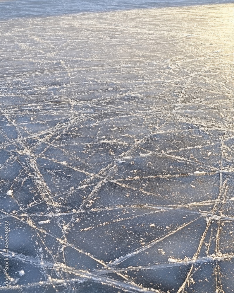 Poster frozen lake surface with many skate traces creating an interesting pattern in winter season