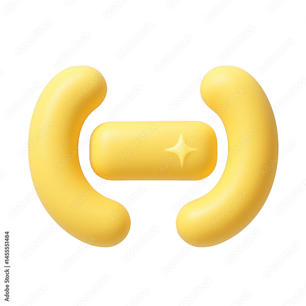 Poster bright yellow 3d symbol featuring soft curved elements and a shiny rectangular connector.