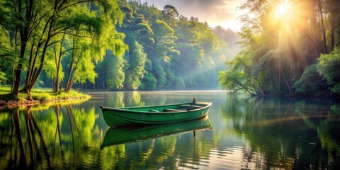 Obraz premium A green boat sits atop a high cane in a serene lake surrounded by tall trees and lush greenery, with sunlight filtering through the leaves above , waterbody, lake