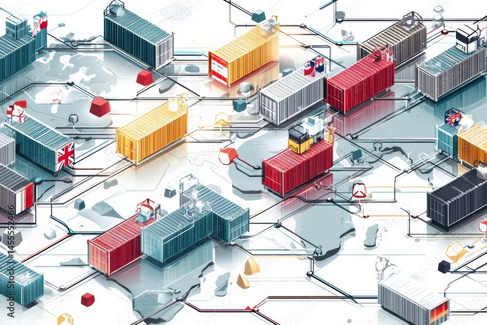 Poster global overview of disrupted supply chains with shipping containers and national flags between conti