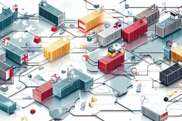 Obraz premium Global Overview of Disrupted Supply Chains With Shipping Containers and National Flags Between Continents Represented in Isometric Design Generative AI