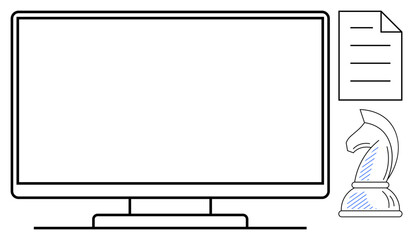 Desktop monitor, document with text lines, and chess knight represent planning, decision-making, and strategy. Ideal for online learning, business strategy, digital tools, e-learning conceptual