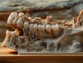 Dental implant model showing teeth and jaw bone structure for medical education purposes