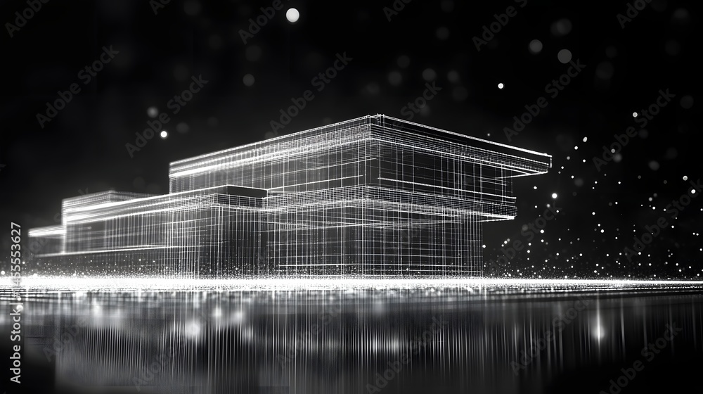 Aufkleber futuristic building wireframe elegantly reflected on a sleek surface, contrasted against a dark, bok