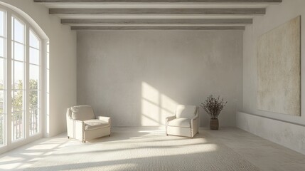 Empty interior space, sunlit, with light beige furniture.