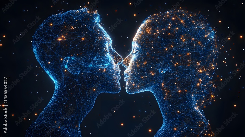 Leinwandbilder ethereal embrace. two profiles, luminous dots and lines, almost touching. a futuristic vision of con