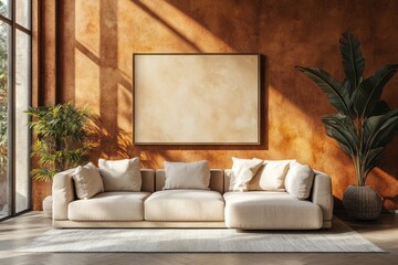 Modern living room interior with beige sofa and textured wall.