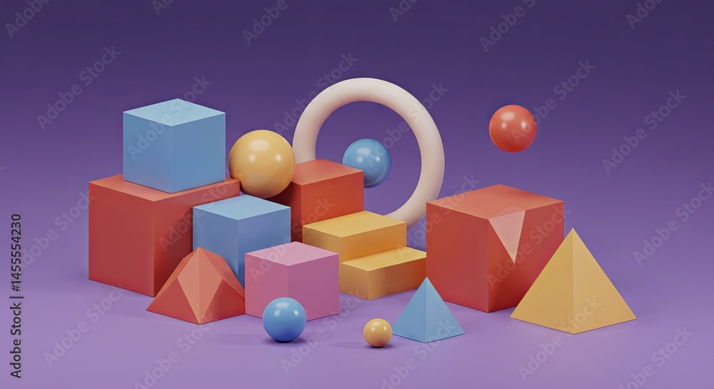 Poster a collection of colorful blocks and spheres on a purple background