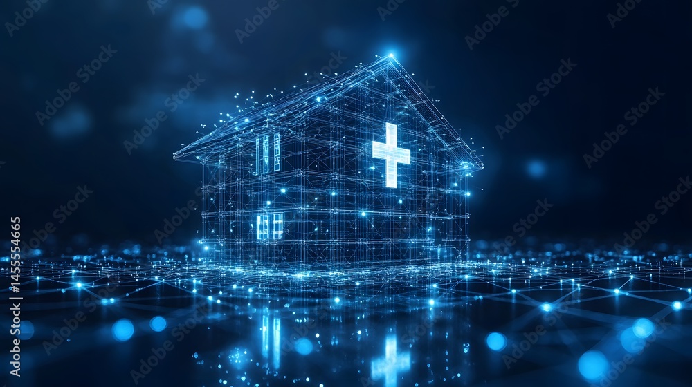 Poster futuristic home concept with a glowing cross, rendered in blue lines and points. the reflective surf