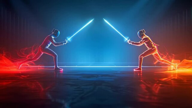 Duel of Lights: Two figures, clad in futuristic attire, clash in a dynamic duel illuminated by vibrant light sabers in a futuristic, high-tech arena setting, embodying skill, strategy.