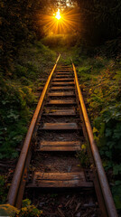 Naklejka premium Nostalgic Echoes: Timeworn Railways and Sunlit Horizons on a Forgotten Pathway