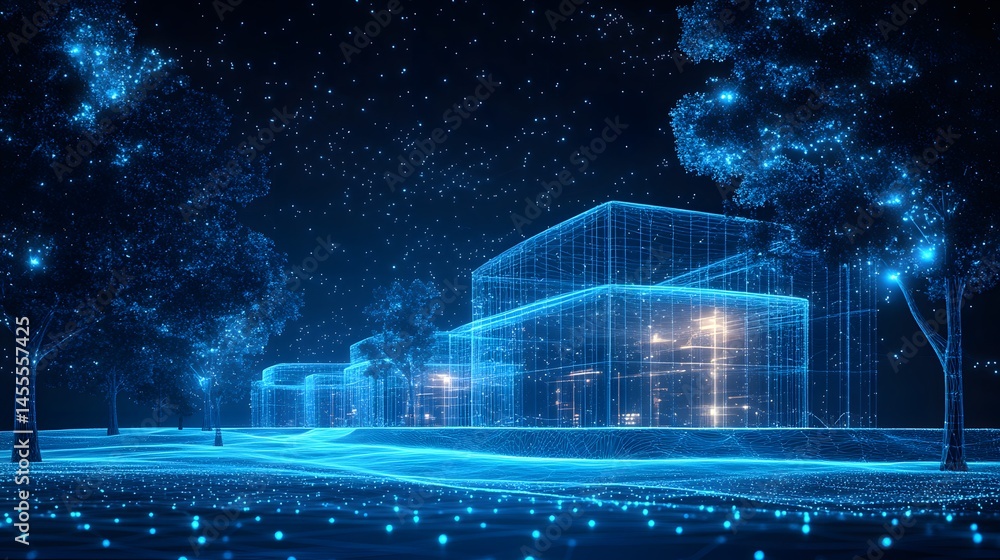 Aufkleber surreal cityscape awash in neon blue. glowing trees and wireframe buildings create a futuristic digi