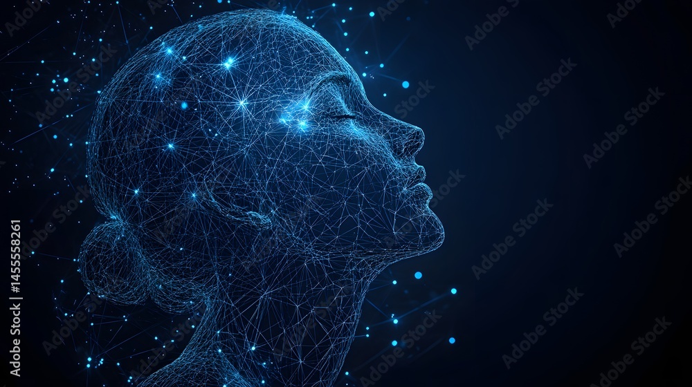 Poster Digital woman: Wireframe portrait of a female figure, rendered in a network of interconnected blue lines and dots. Abstract Digital low-poly wireframe connected dots in dark blue