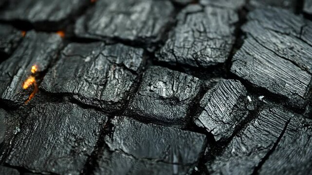 Close-up of Burning Black Briquettes Glowing Brightly During Grilling Preparation