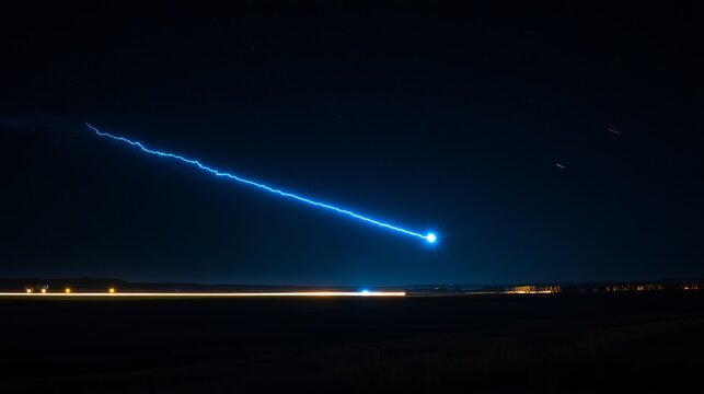 Stunning Night Sky Blue Lightning Bolt Dramatic Celestial Event Long Exposure Photography Dark Night Landscape Starry Night Dramatic Light Streak Blue - Powered by Adobe
