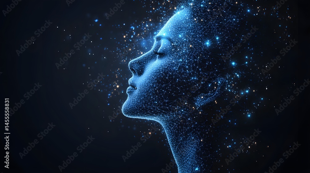 Poster futuristic profile formed by glowing network of connected dots. ethereal and modern design against a