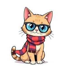 Obraz premium Stylish Ginger Cat Wearing Blue Glasses And Striped Winter Scarf Illustration
