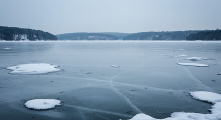 Obraz premium Frozen lake winter wonderland serene beauty peaceful landscape breathtaking ice crystals